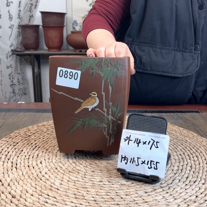 紫砂花盆紫泥竹林鸟趣手绘四方0890
