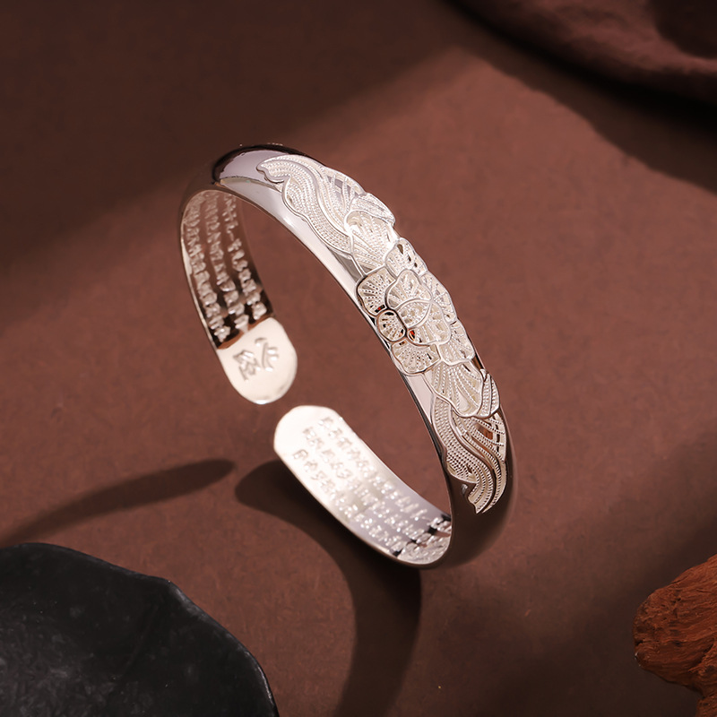 9999新款牡丹花丝手镯女浮雕时尚实心开口心经手环配饰S112