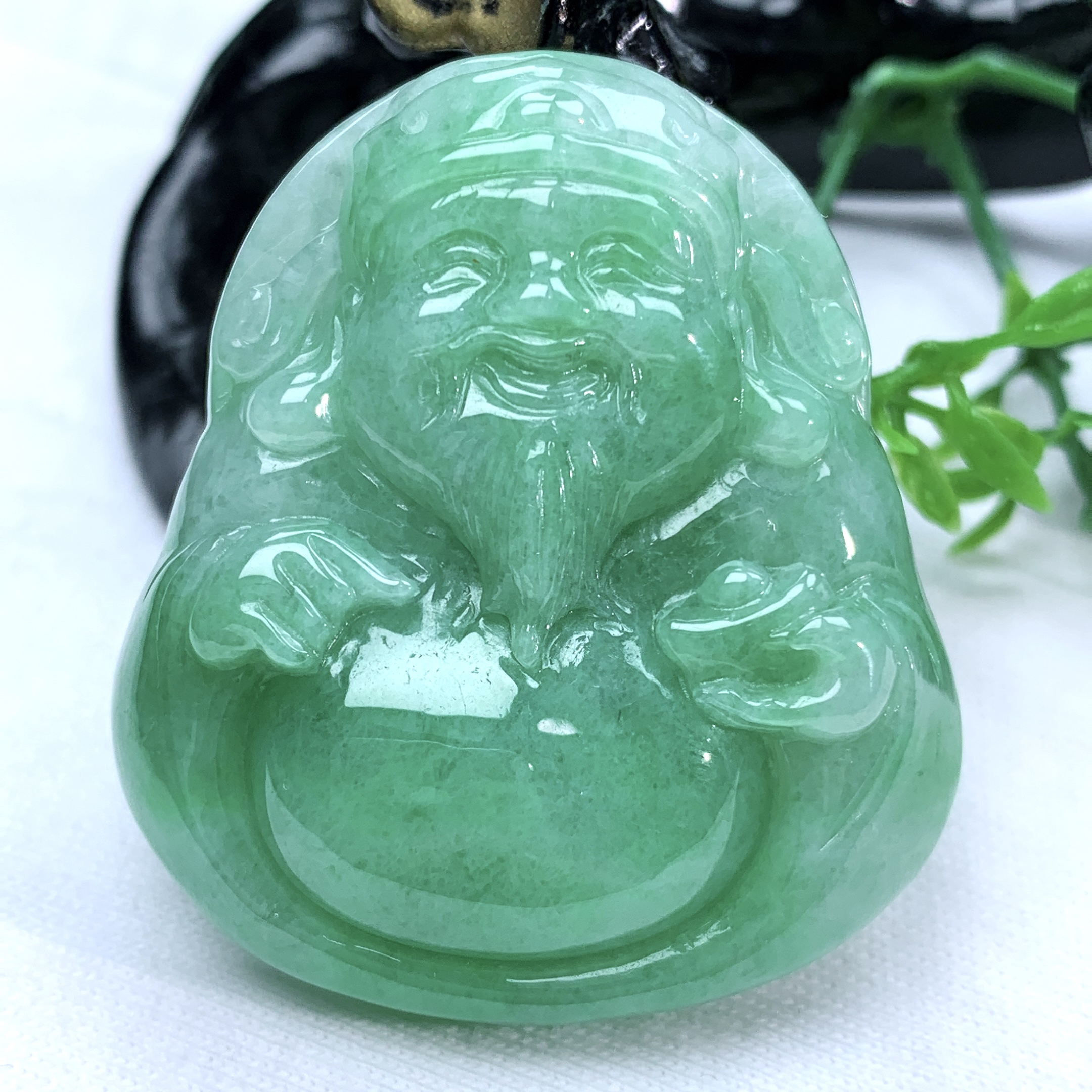 天然缅甸翡翠A货满绿财神爷吊坠挂件46−40.4−10.6mm