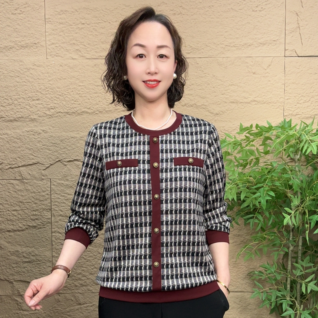 妈妈装极简风圆领中老年女装休闲时尚女装宽松型印花气质长袖小衫