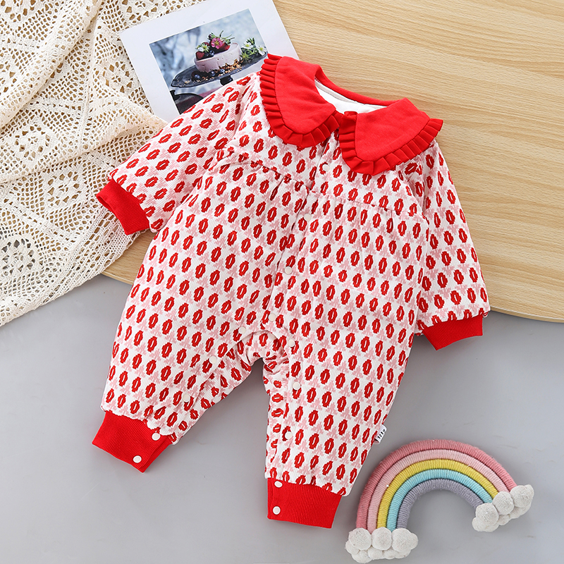 婴儿长爬哈衣爬服女宝洋气幼儿宝宝长袖冬季加厚喜庆年服