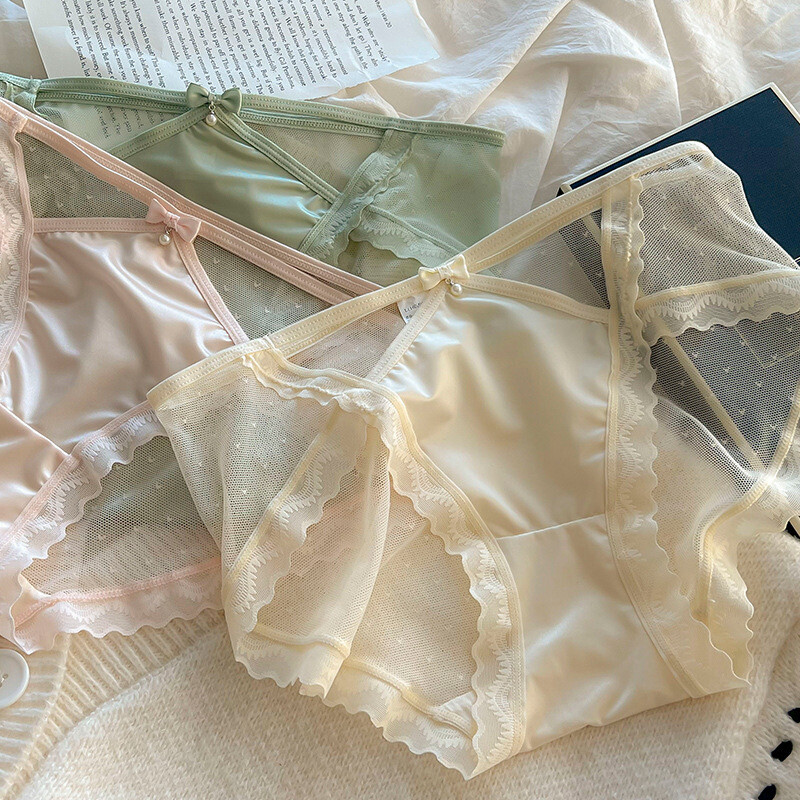 ins清冷浮世~法式纯欲少女性感透气蕾丝内裤女士三角裤桑蚕丝棉档