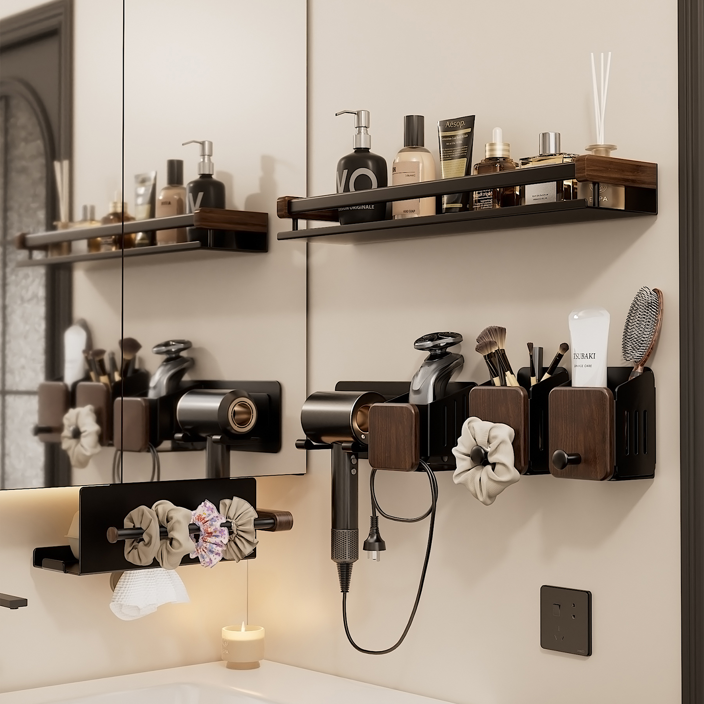 胡桃木卫生间置物架免打孔浴室洗漱台吹风机化妆刷梳子壁挂收纳架