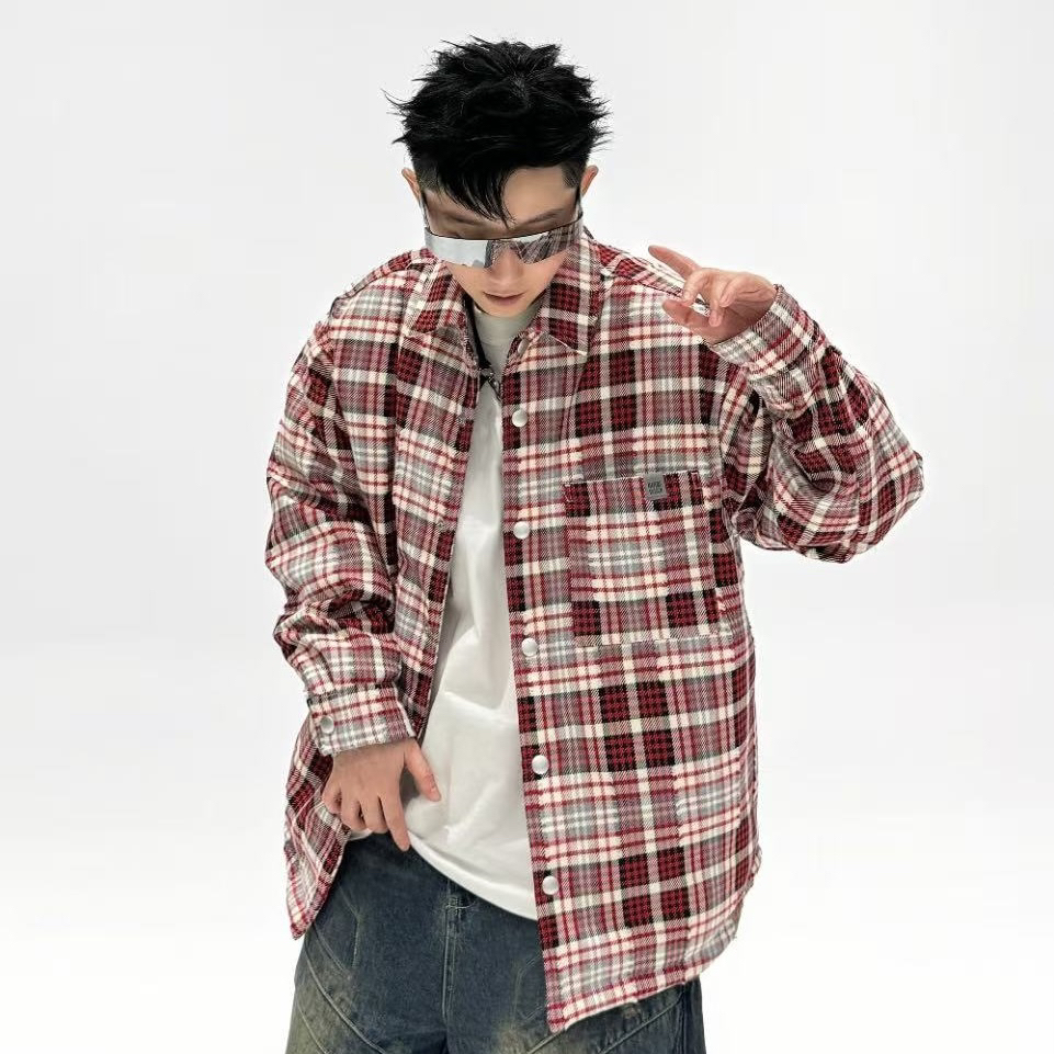国标50绒美式复古港风男士痞帅长袖格子衬衫宽松休闲厚外套9017