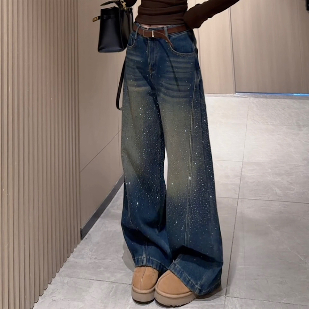 【钻石店铺优选】秋冬新款韩版重工烫钻高腰显瘦加绒牛仔阔腿裤女