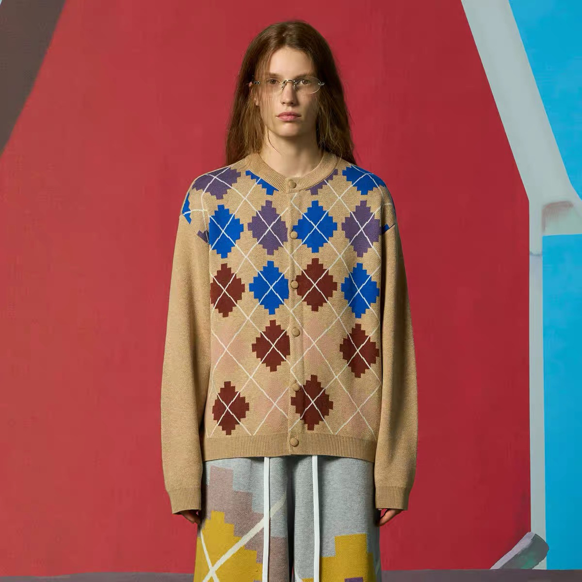 CHEER UP UNIFORM 马赛克菱形格羊毛开衫 | LEAFLEAF