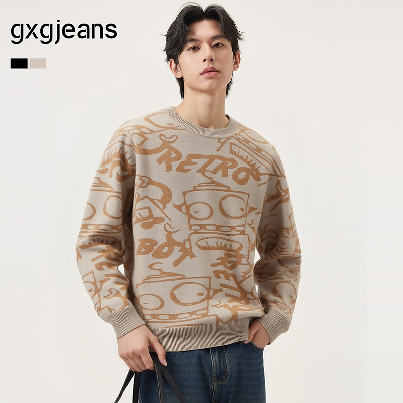 gxg.jeans男装 多色趣味图案宽松休闲毛衣男圆领线衫 25秋冬新品