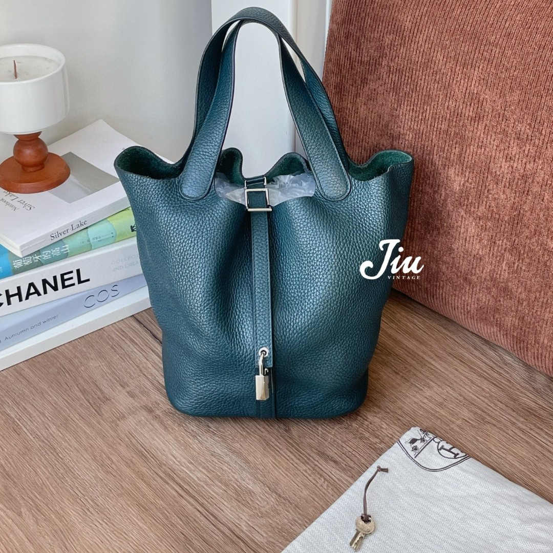 99新 Hermes/爱马仕 松柏绿银扣22菜篮子c刻JM13-0219