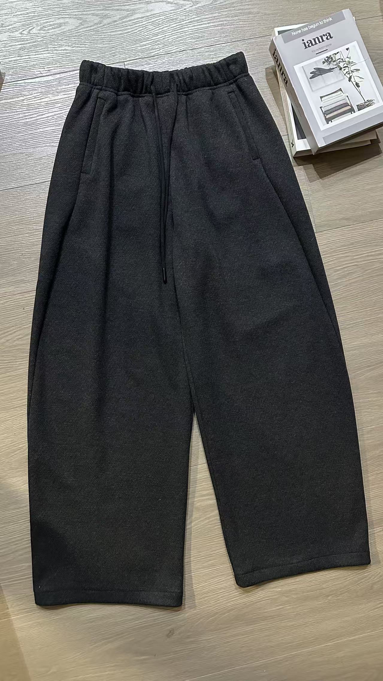 秋冬纯色微弹中腰针织宽松休闲裤子女