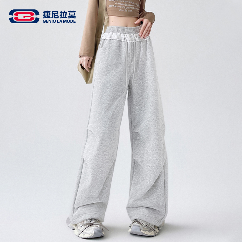 【敖瑞鹏代言】灰色运动裤女款2025新款秋季拼接蕾丝休闲美式阔腿裤