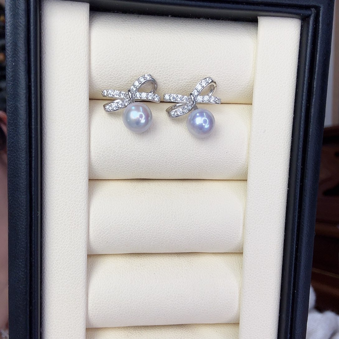 海水珍珠耳饰银S925镶嵌小蝴蝶真多麻耳钉7-8sgys