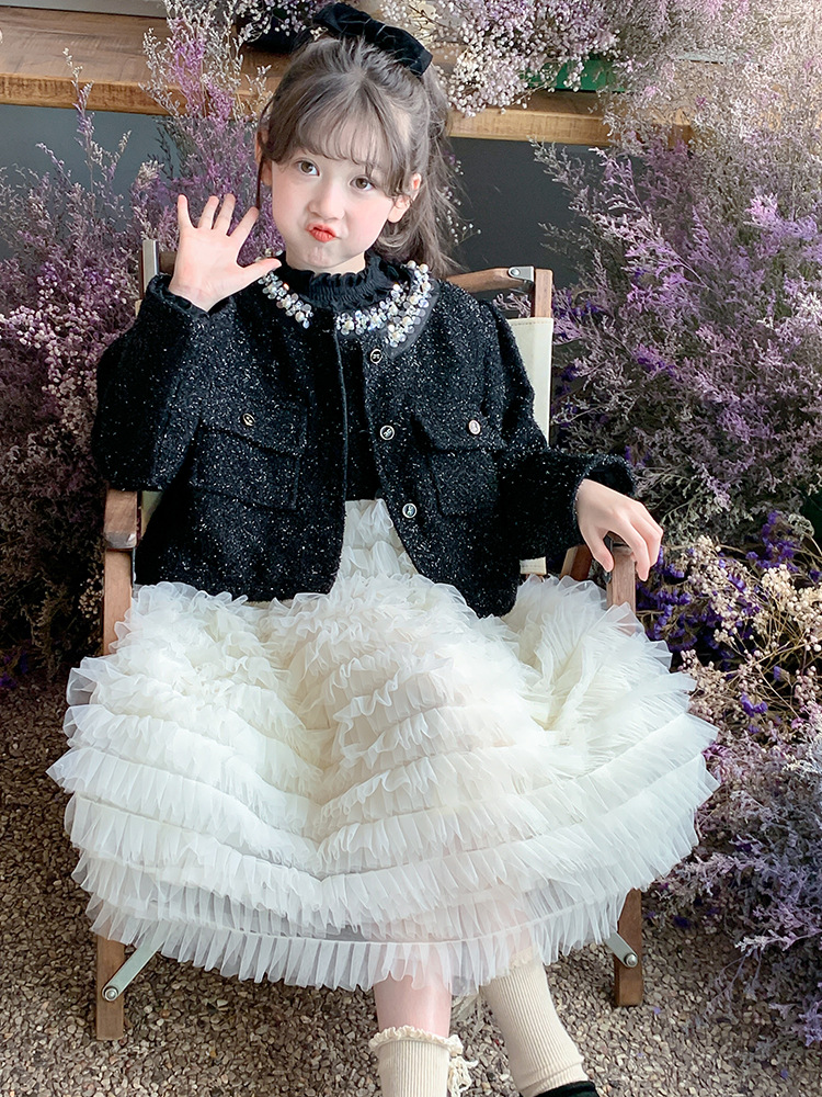 女童套装2025新款韩版小香风公主秋冬连衣裙气质毛呢中大童三件套