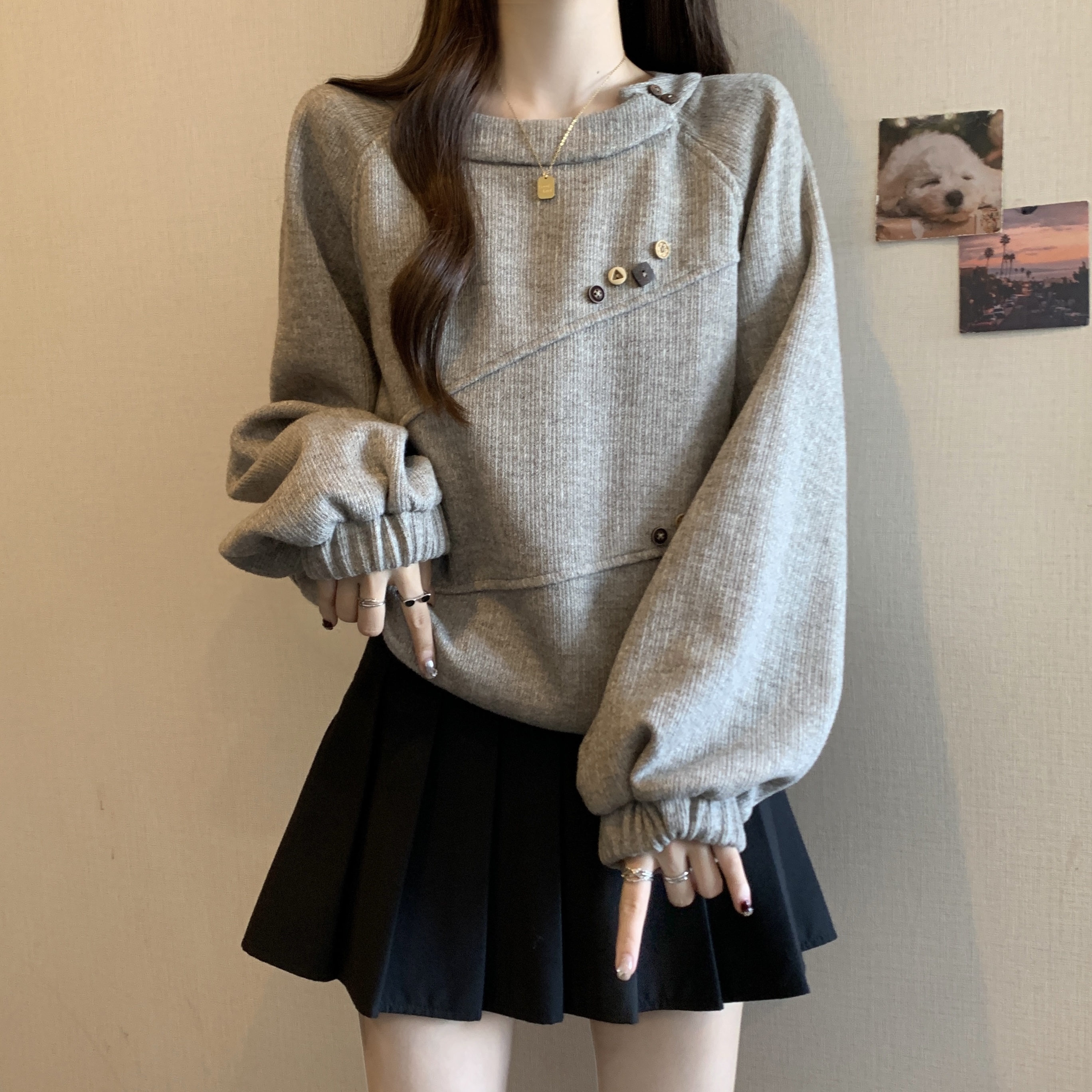 大码女装复古遮肚子抽绳正肩长袖卫衣春秋胖妹妹宽松显瘦短款上衣