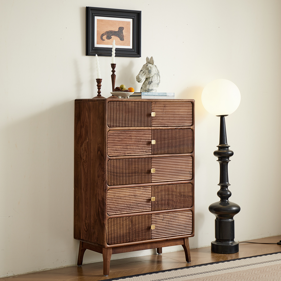 辰物家北美黑胡桃木实木铜拉手五斗柜储物柜沙发边柜客厅收纳柜 