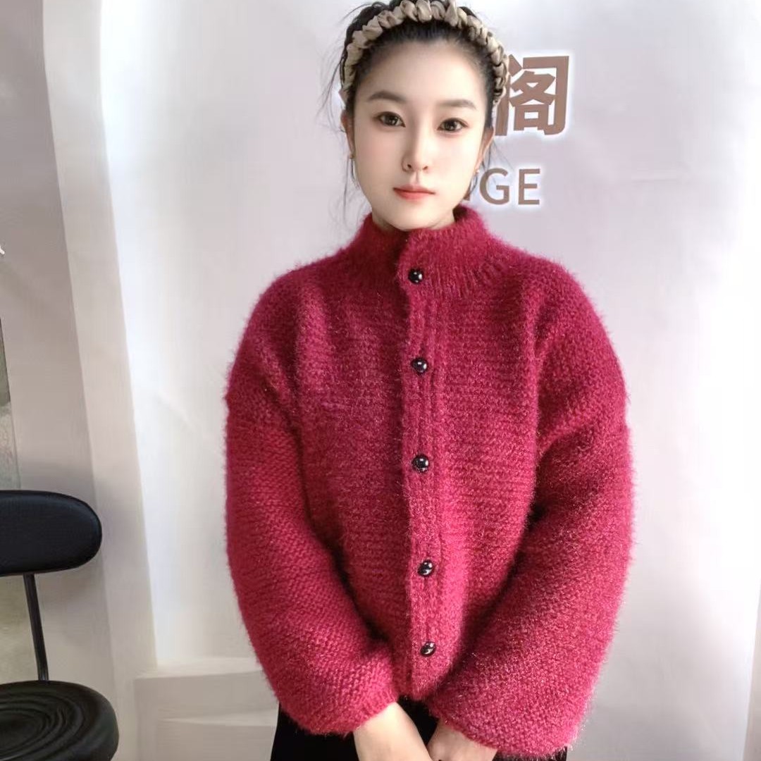 高领开衫超柔纯色凤羽绒手染亮丝绒线手工编织毛衣围巾帽子