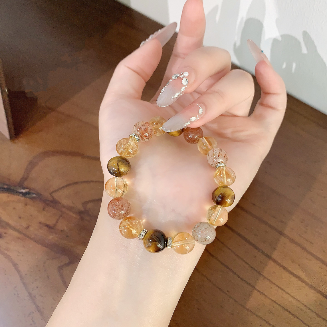 黑金超七搭配天然黄塔晶黄虎眼多宝圆珠手串