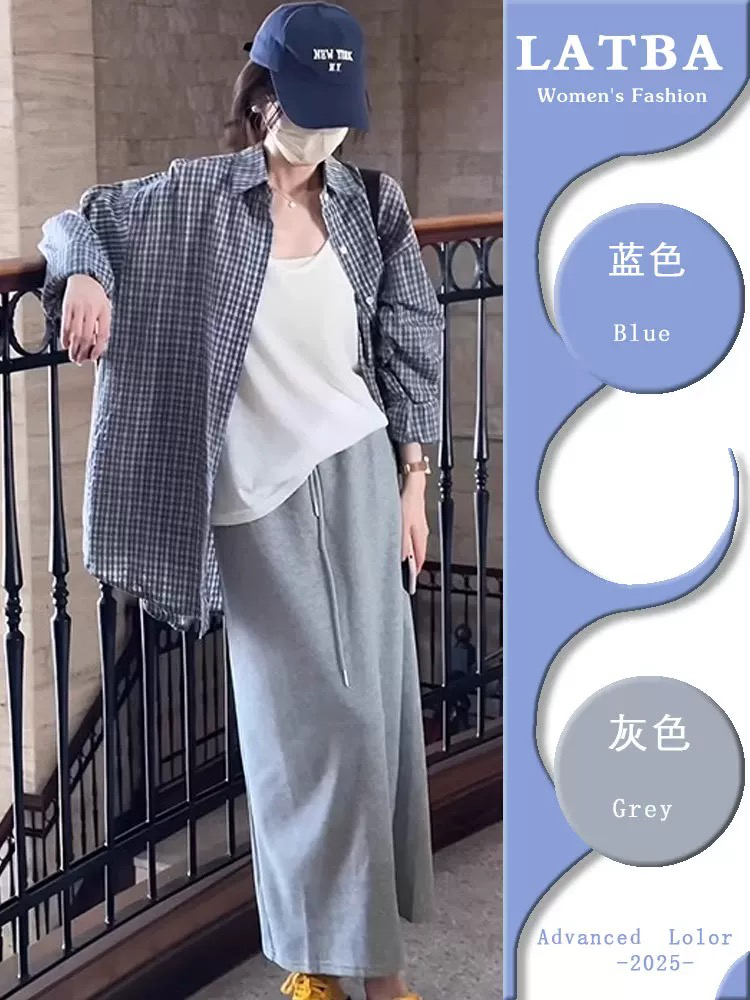 早春三件套高级感蓝色格子衬衫女百搭背心高腰后背开叉半身裙套装