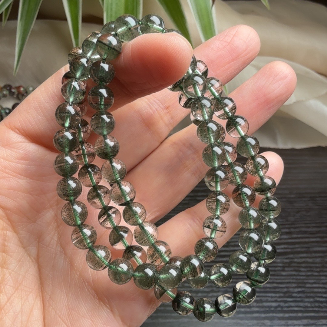 巴西天然水晶全晶墨绿步步高升千层山绿幽灵多圈手链手串34克6.5+