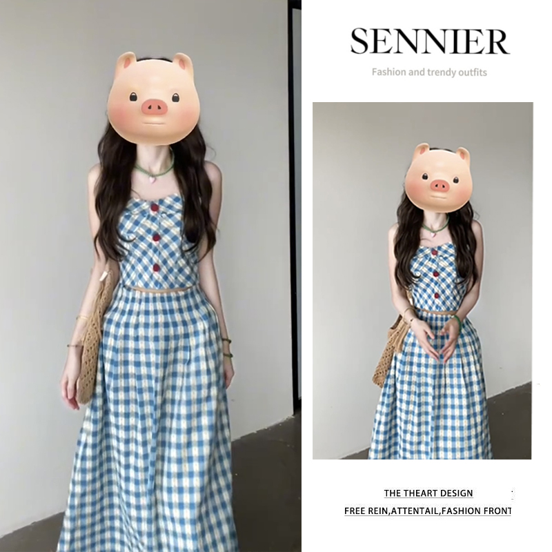 今年流行穿搭一整套2025夏季新款时尚设计感格子吊带半身裙两件套