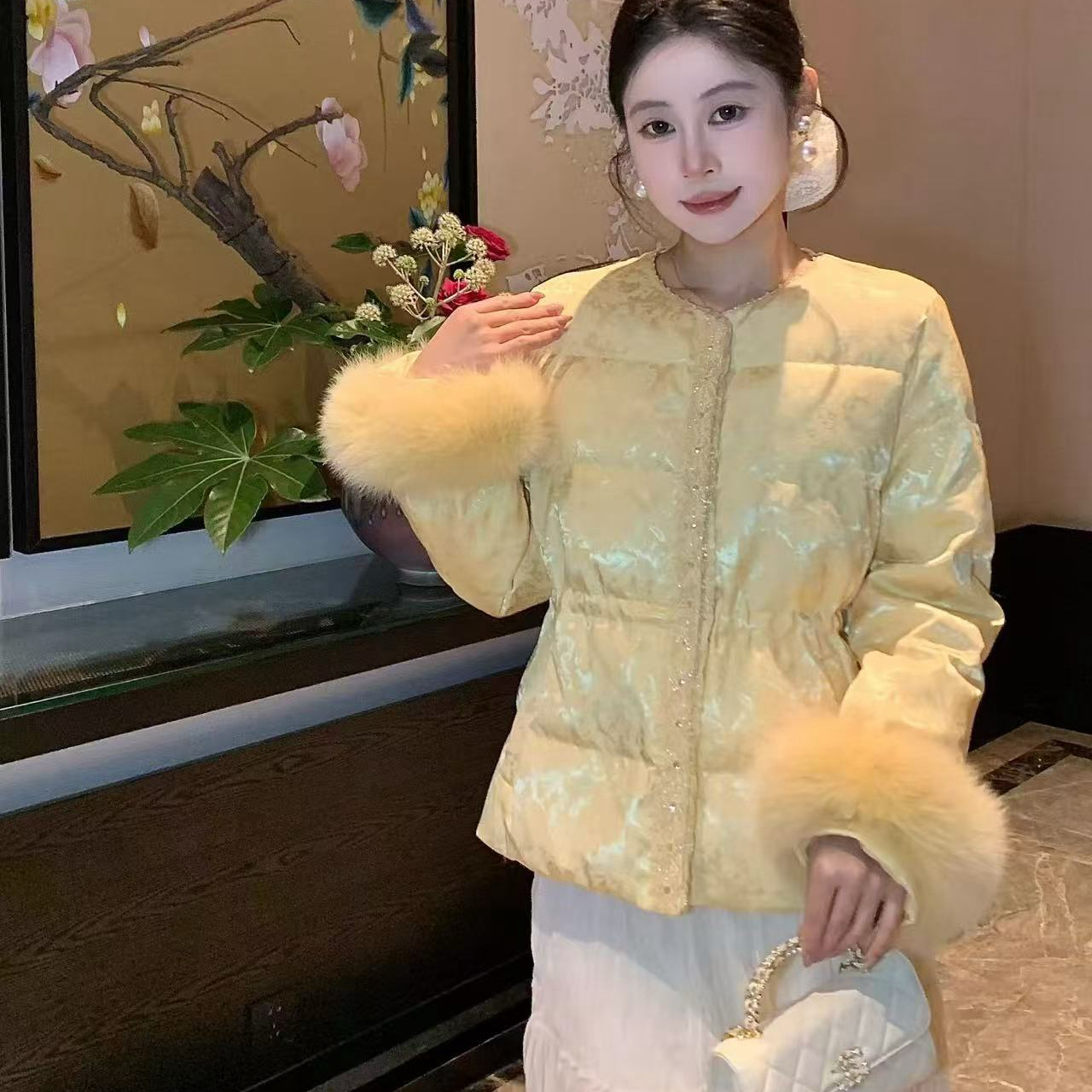 新中式国风提花收腰显瘦保暖加厚冬季棉服外套女