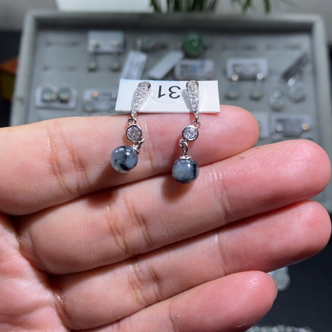 翡翠挂件银S925镶嵌耳钉