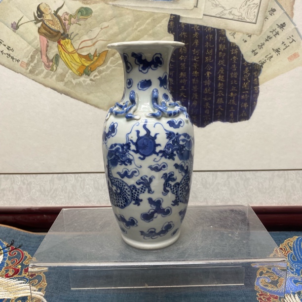 清晚期双龙赶珠花口青花瓶43/青花瓷//KC20241227007