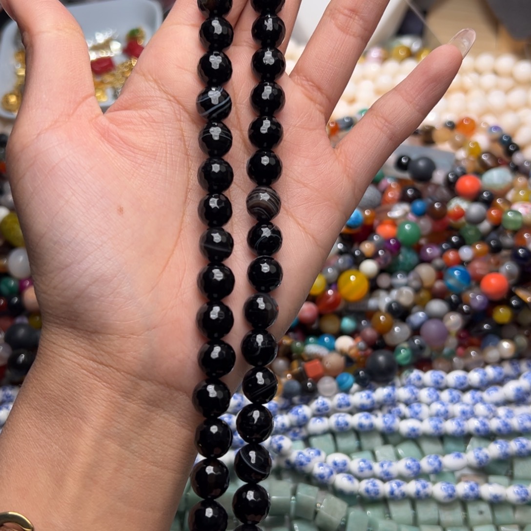 玛瑙/玉髓合金珠宝半成品I569/黑玛瑙刻面圆珠一条