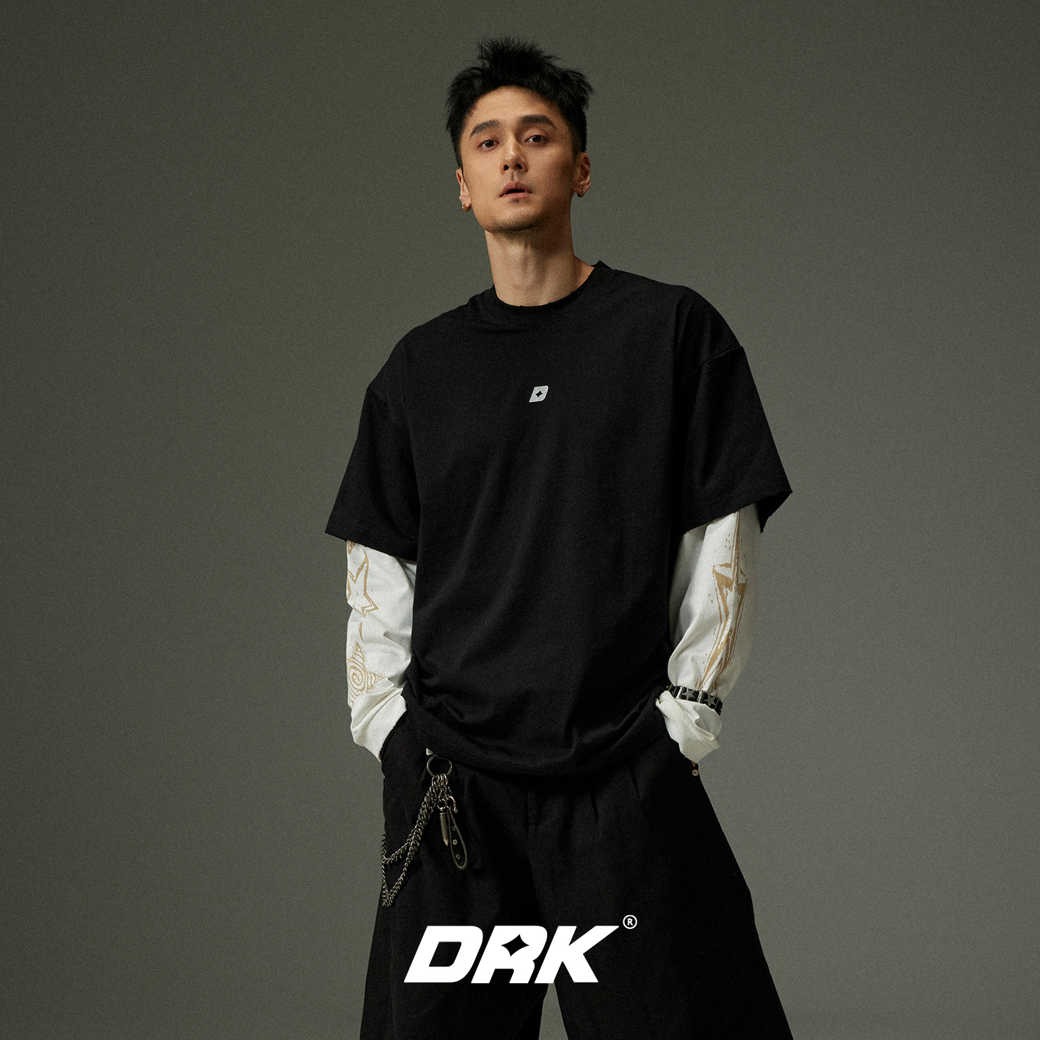 DRK【回溯系列】星星D假两长袖T男士秋季休闲宽松T恤潮流印花美式