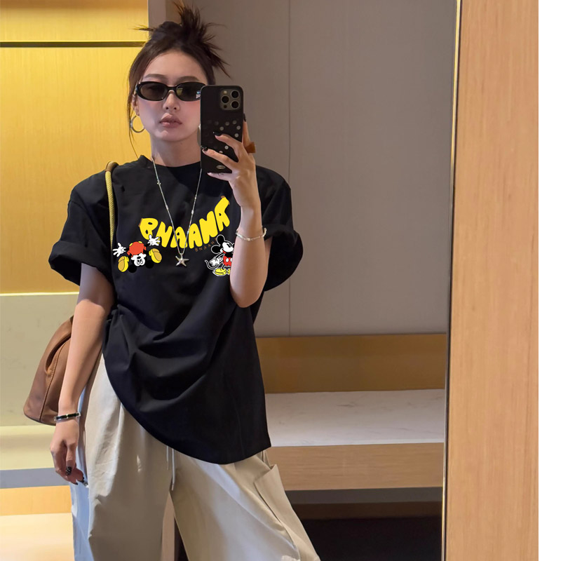 港风ins米奇潮牌百搭t恤上衣休闲女装纯棉短袖情侣装圆领简约半袖