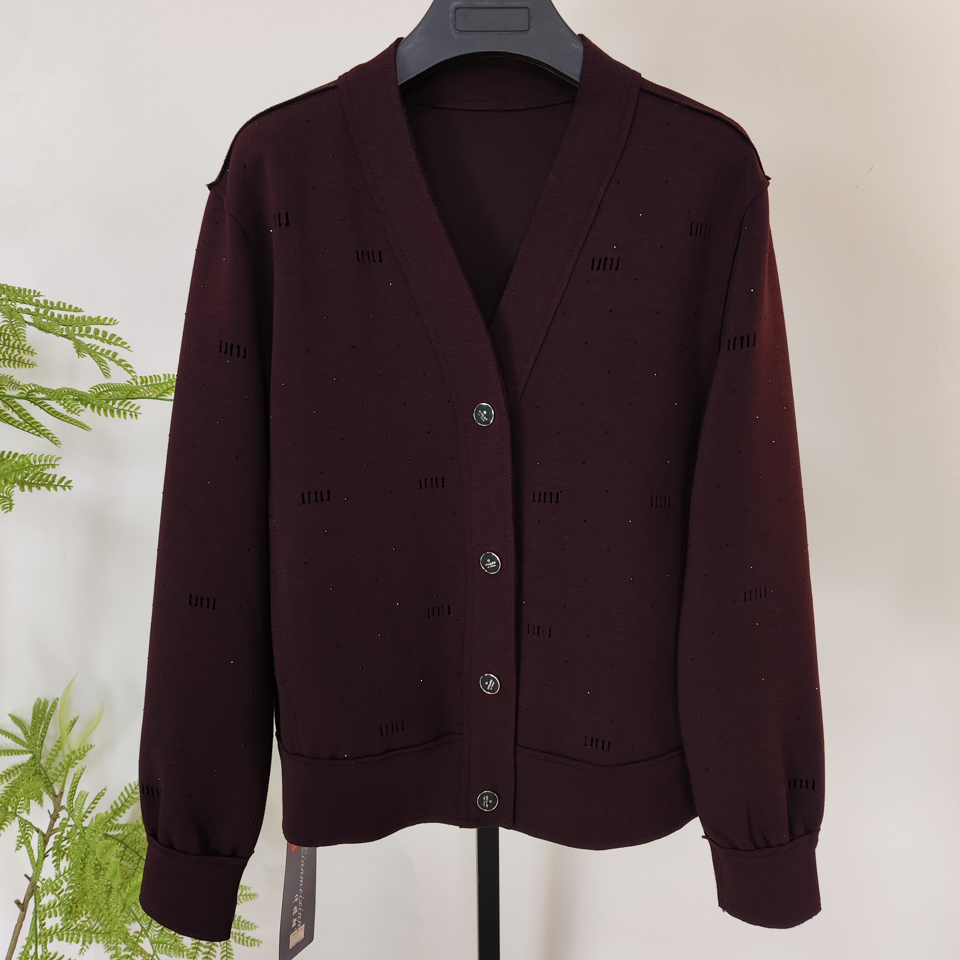 新款春秋高端优雅短款女士V领长袖针织开衫休闲外套