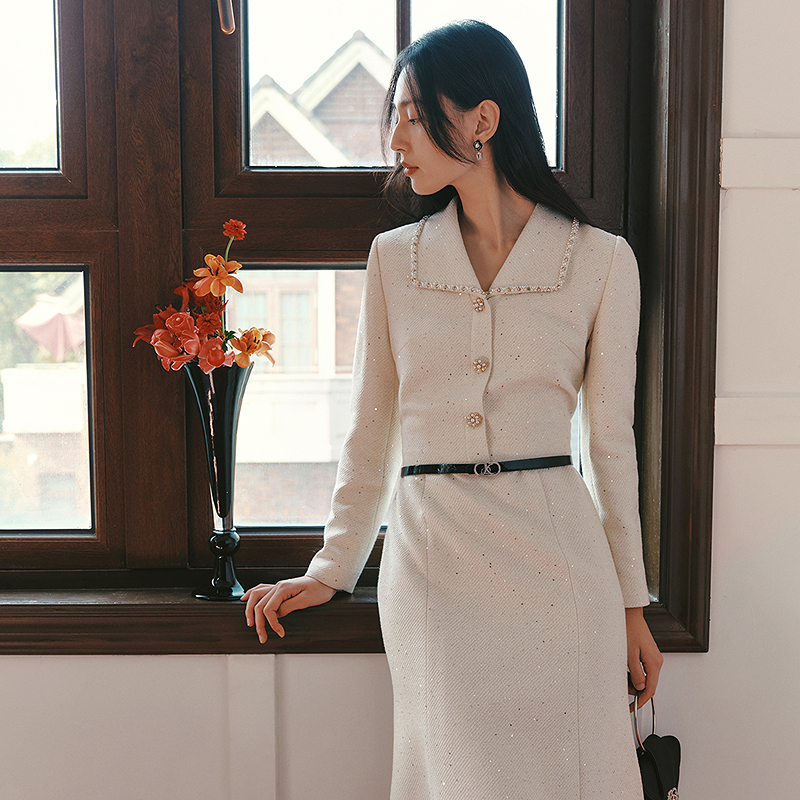 珂莱蒂尔法式宫廷名媛假两件珠片绣修身鱼尾花呢连衣裙KF13051S2