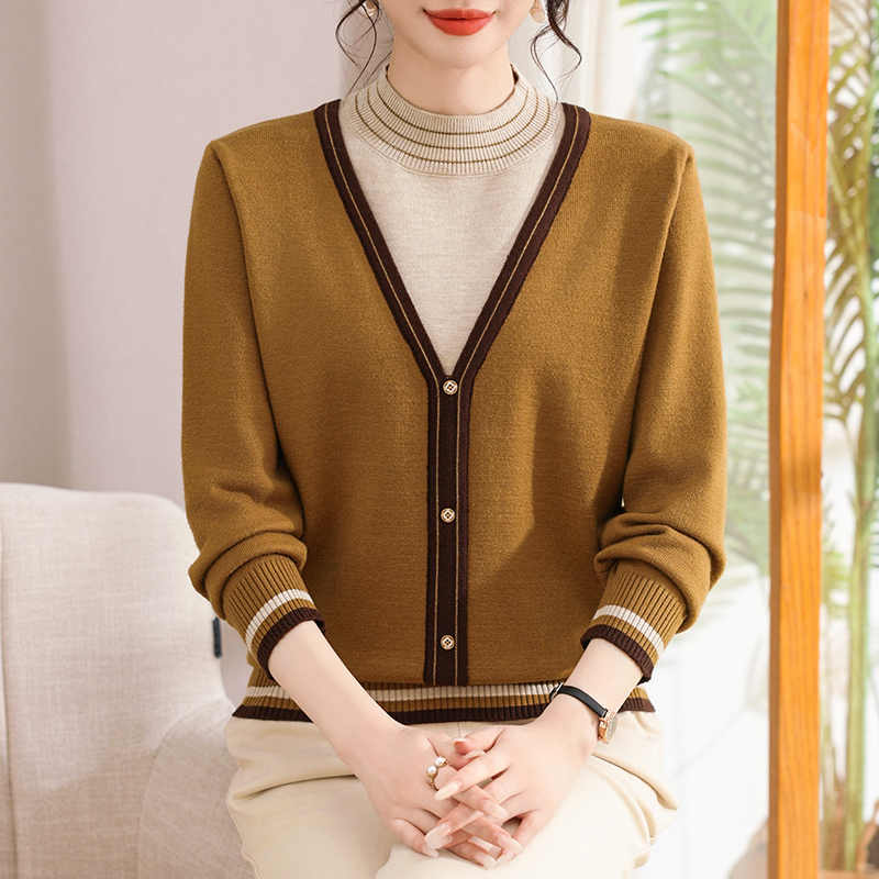 气质妈妈装针织衫外套中老年女秋冬小衫时尚假两件女士宽松毛衣