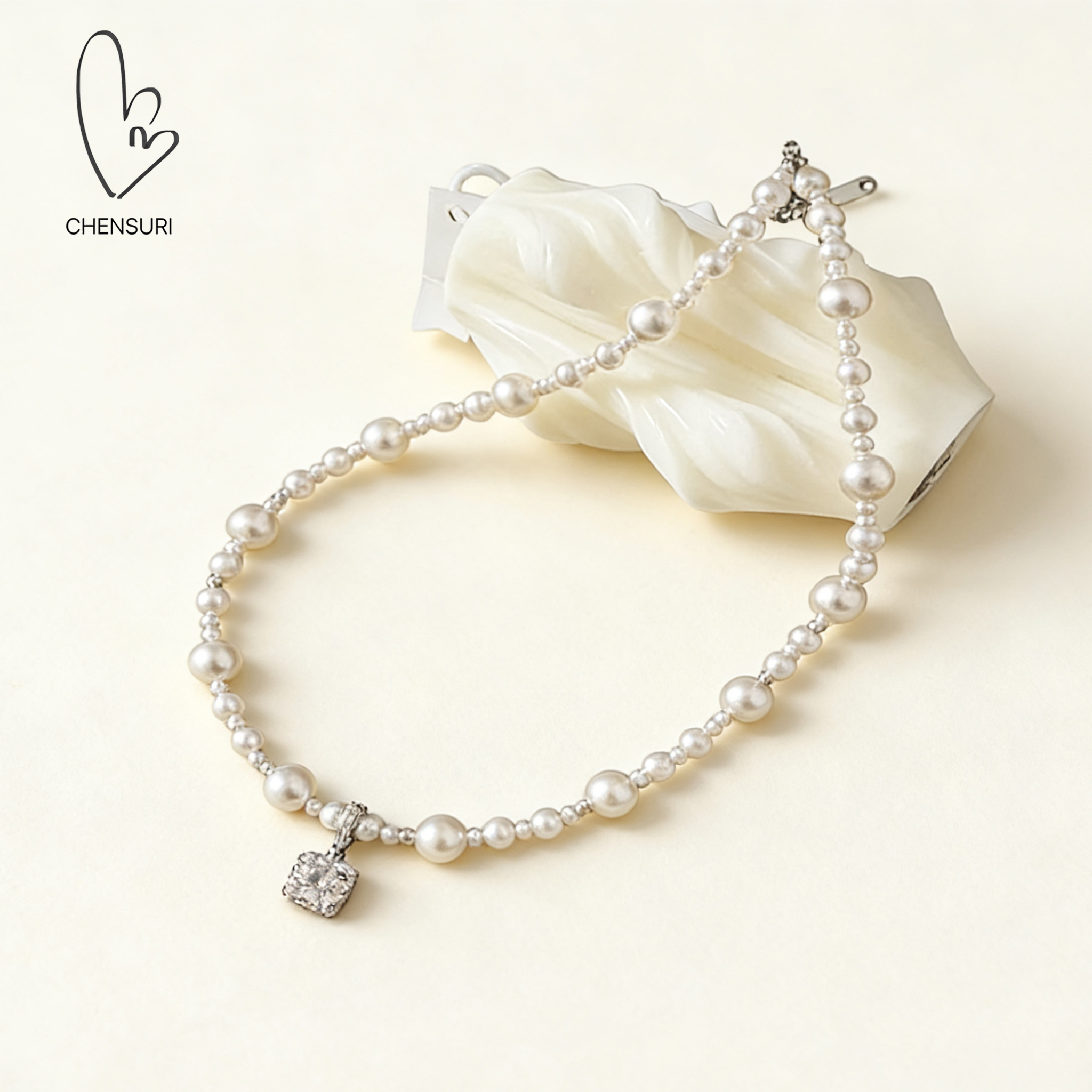 非金属仿珍珠项链 CHENSURI · 方钻珍珠项链千金感小众法式项链