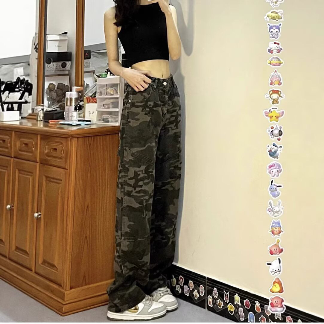 美式迷彩工装阔腿牛仔裤女秋季高腰宽松显瘦适合胖mm