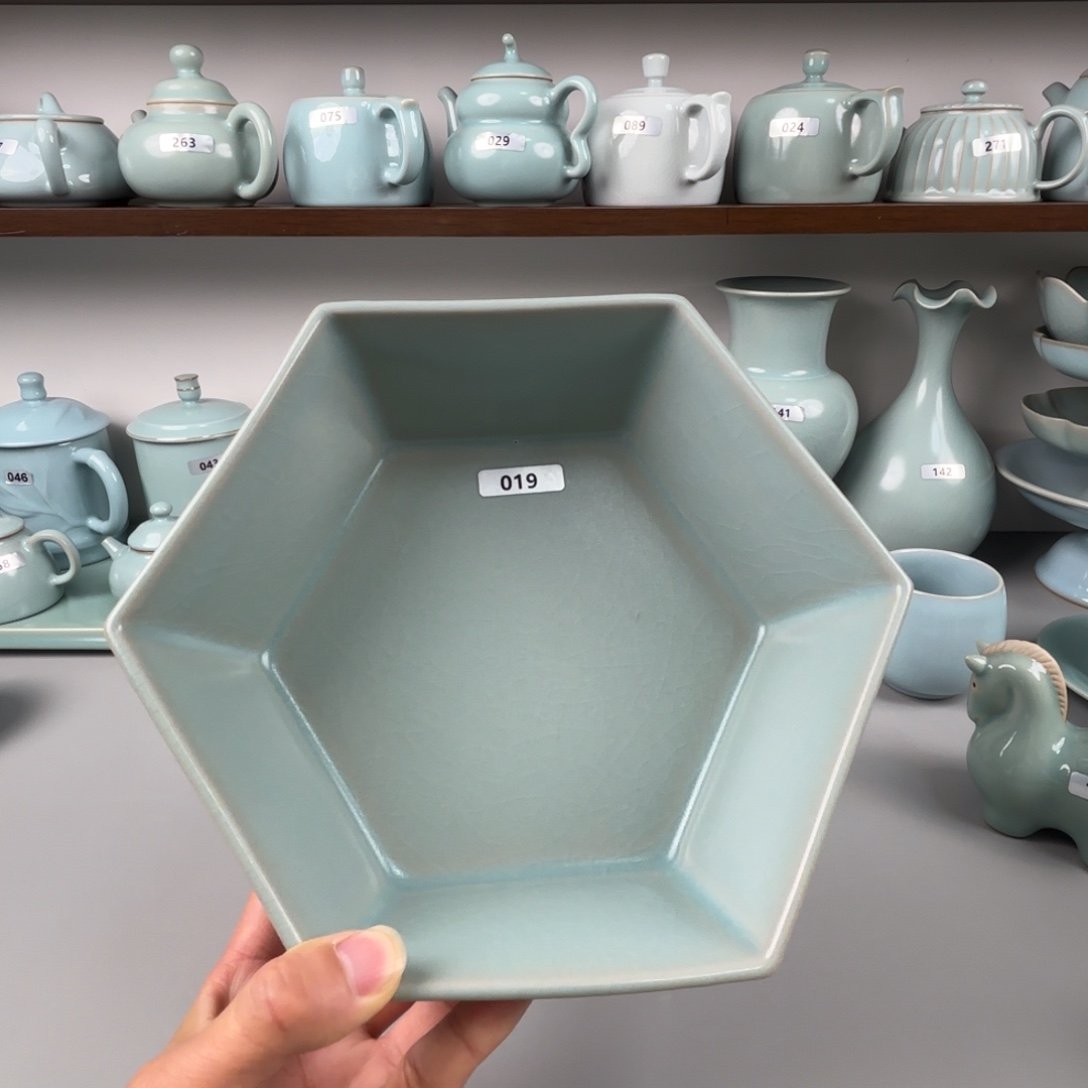 摆件陶汝瓷六方洗圈足烧仿古釉微瑕特价019