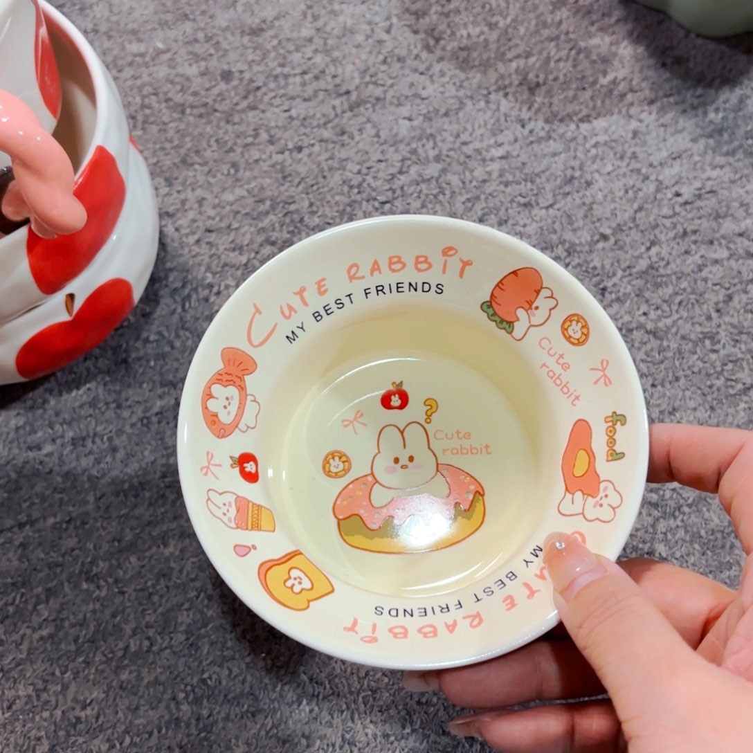 陶瓷孤品可爱兔子草帽碗
