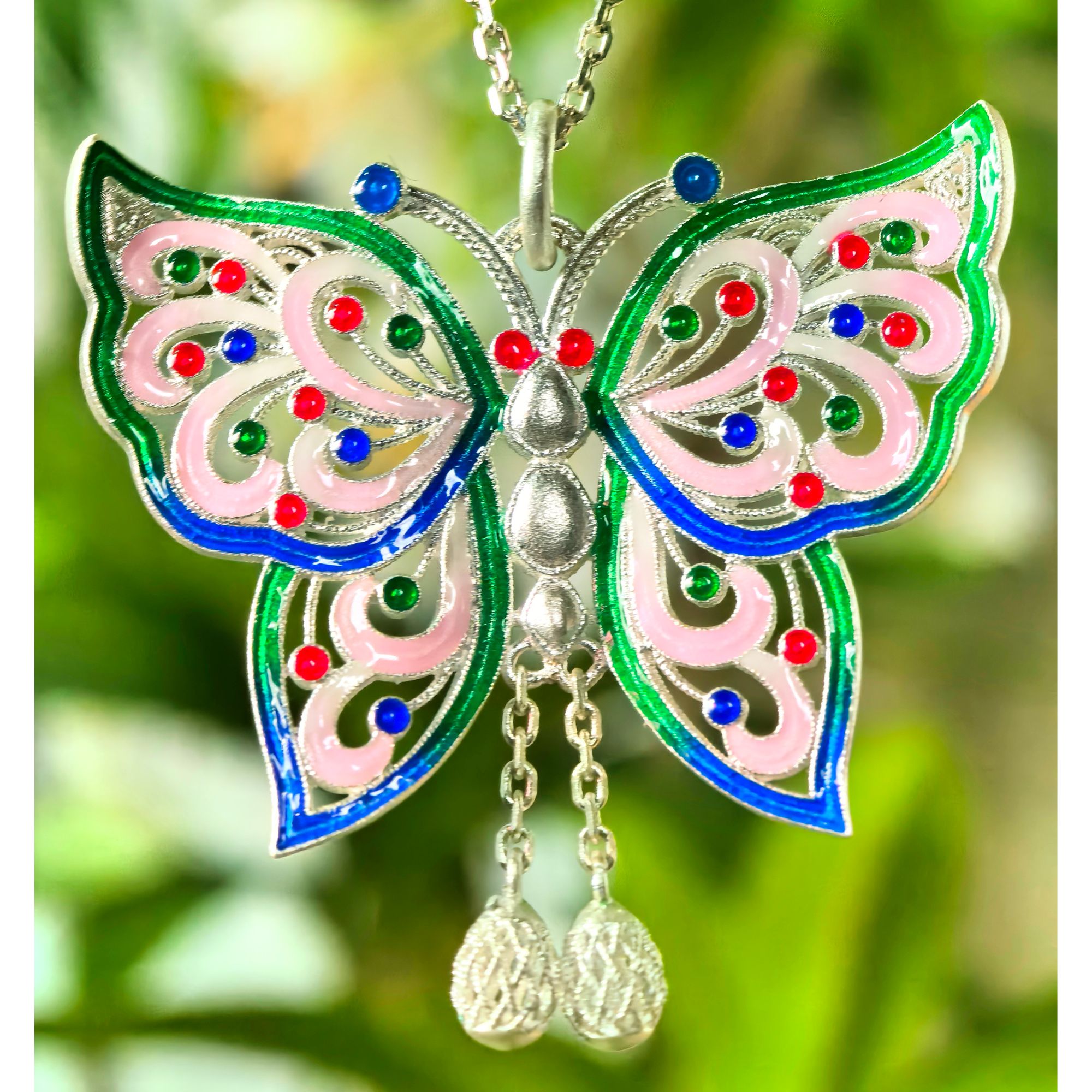 吊坠足银 足银吊坠镂空雕刻珐琅彩蝴蝶吊坠