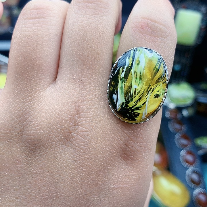 琥珀裸石银S925镶嵌戒指