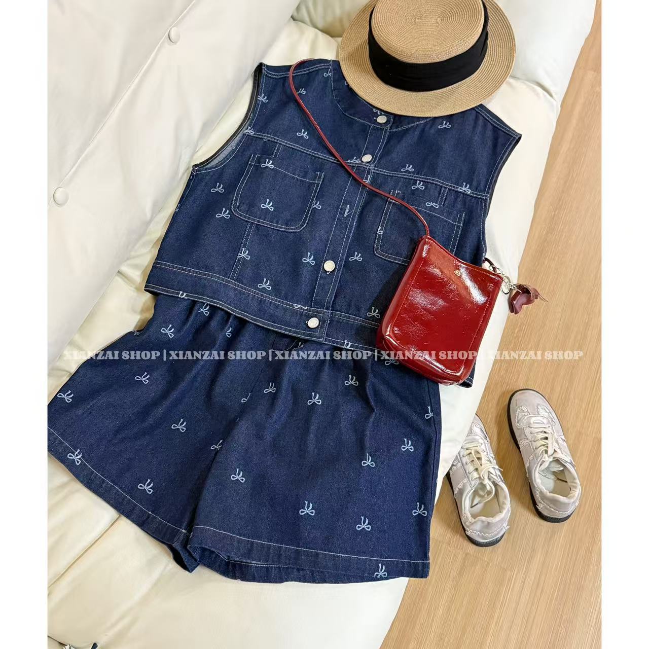 XIANZAI【商务范儿】夏季新款牛仔蝴蝶结休闲宽松无袖短裤两件套