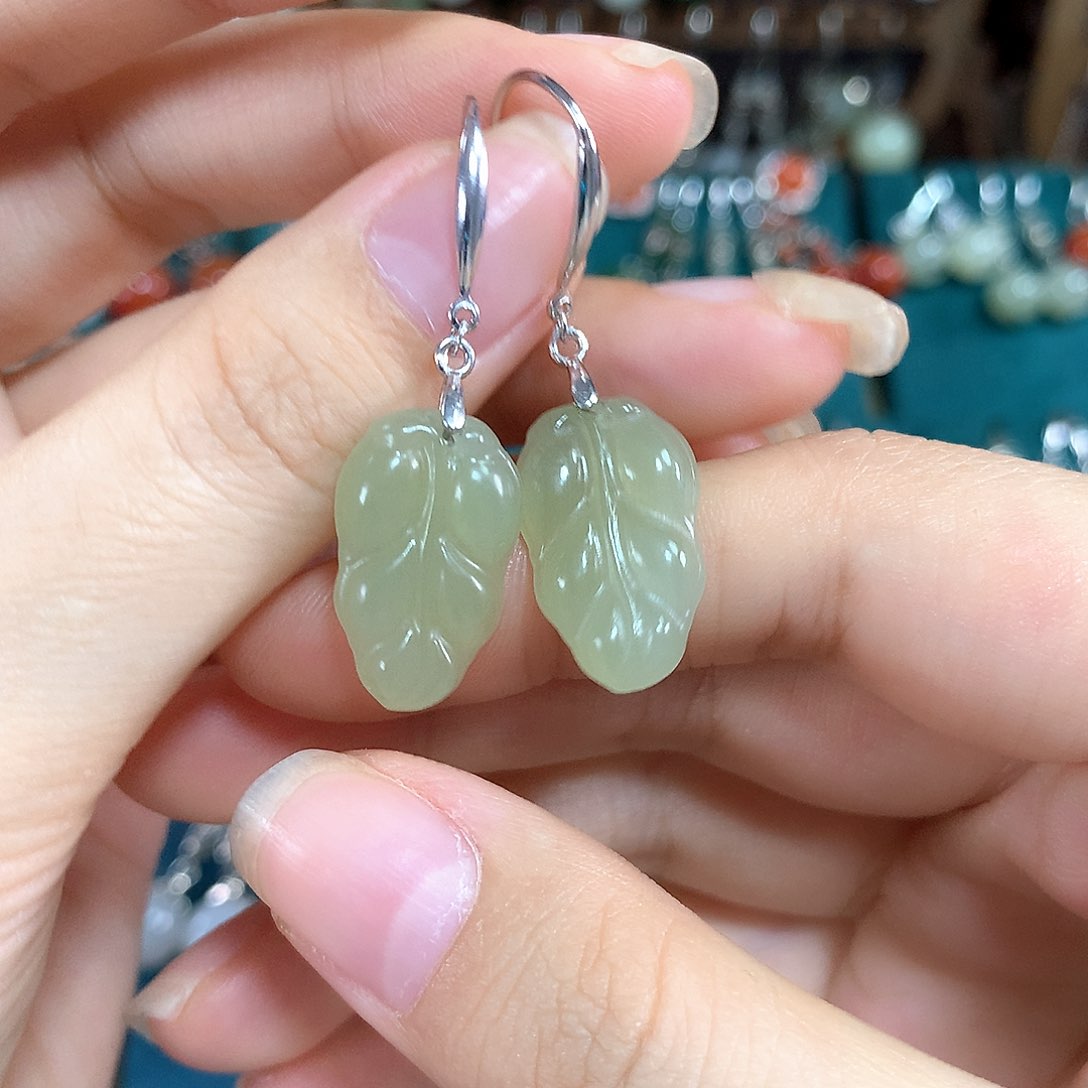 和田玉银S925镶嵌耳饰金枝玉叶19.5*12左右