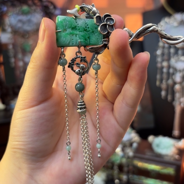 翡翠银S925镶嵌颈饰发簪