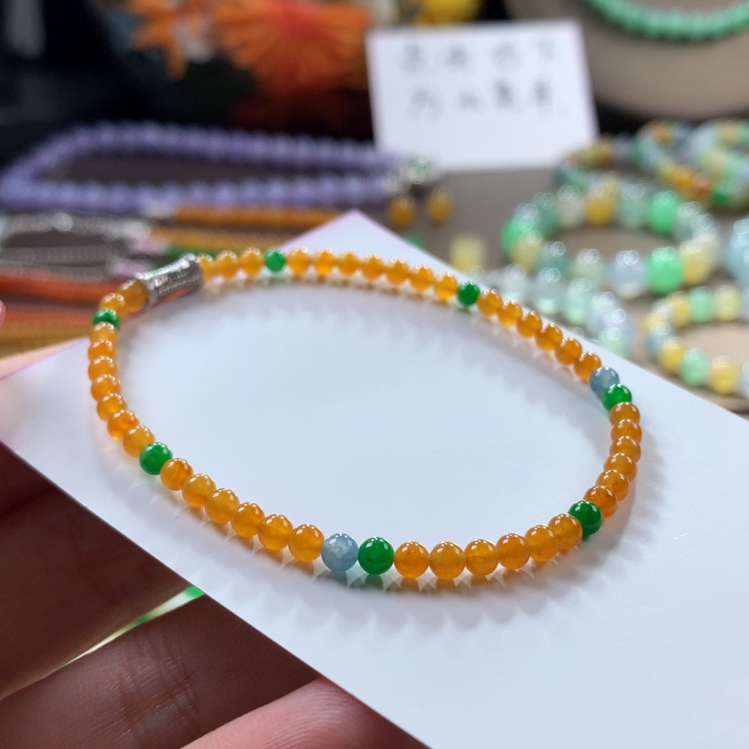 翡翠手链未镶嵌翡翠冰黄翡小米珠卡3+