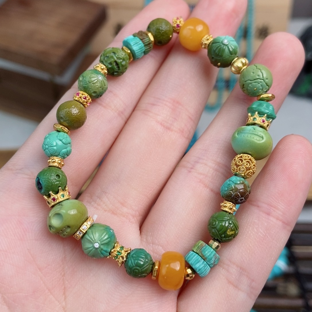 绿松石雕刻银S925镀金镶嵌