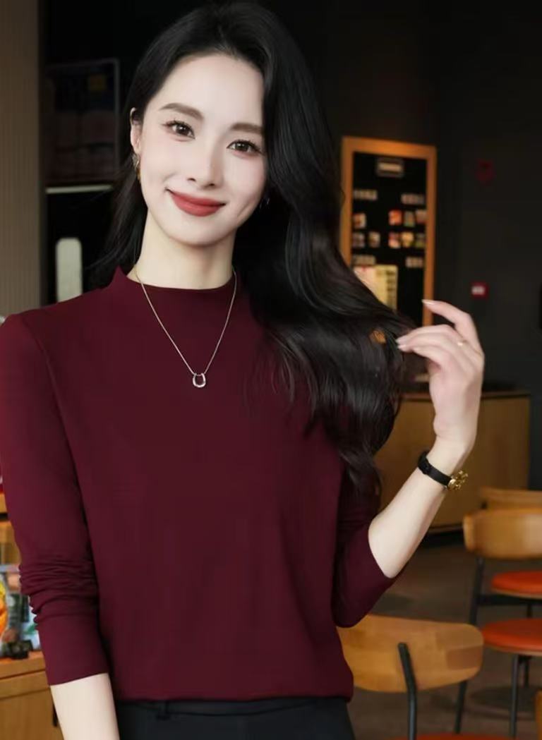 标准纯色长袖女士春秋小立领T恤秋季显瘦内搭韩版