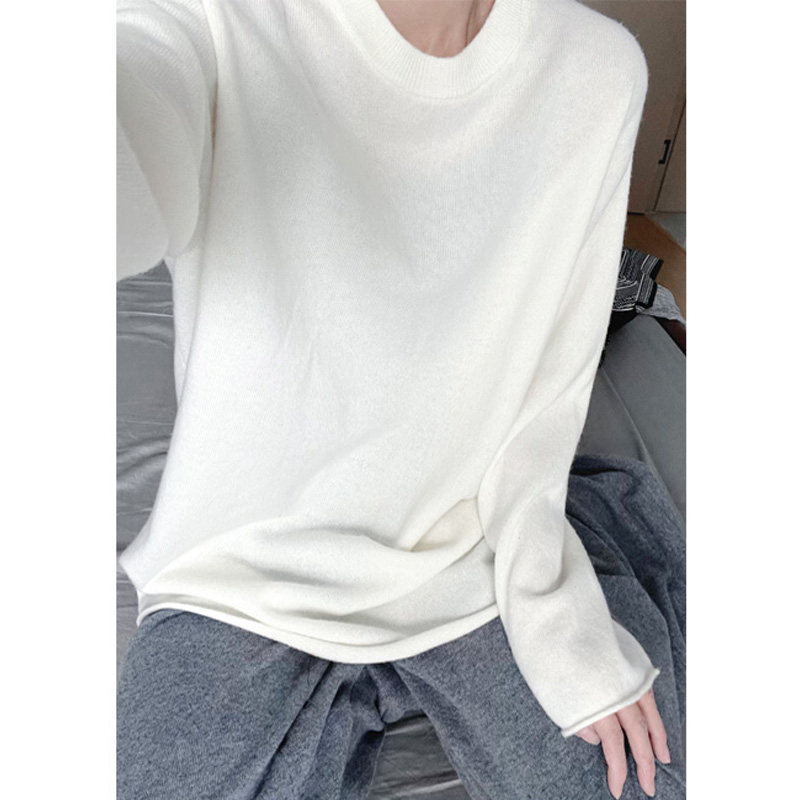 100%羊毛卷边圆领宽松廊型长袖阔版休闲慵懒风针织宽松毛衣