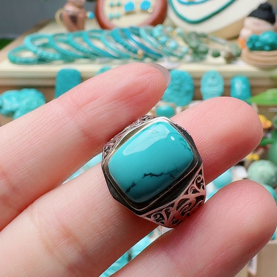 绿松石银S925镶嵌高瓷绿水草纹男款方戒