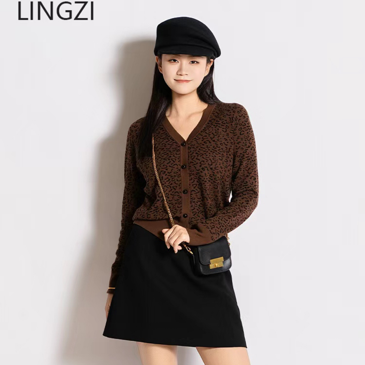 LINGZI/领姿冬新款棕调豹纹绵羊毛开衫百搭打底衫女711739