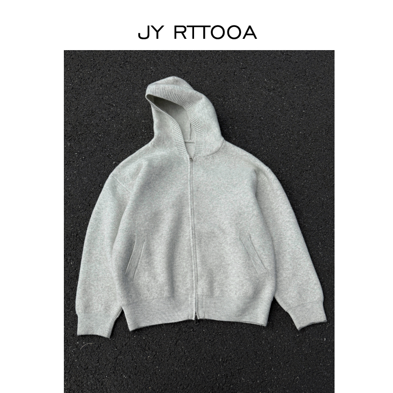 JY RTTOOA 秋冬季纯色羊毛薄款开衫毛衣男女宽松慵懒风连帽针织衫