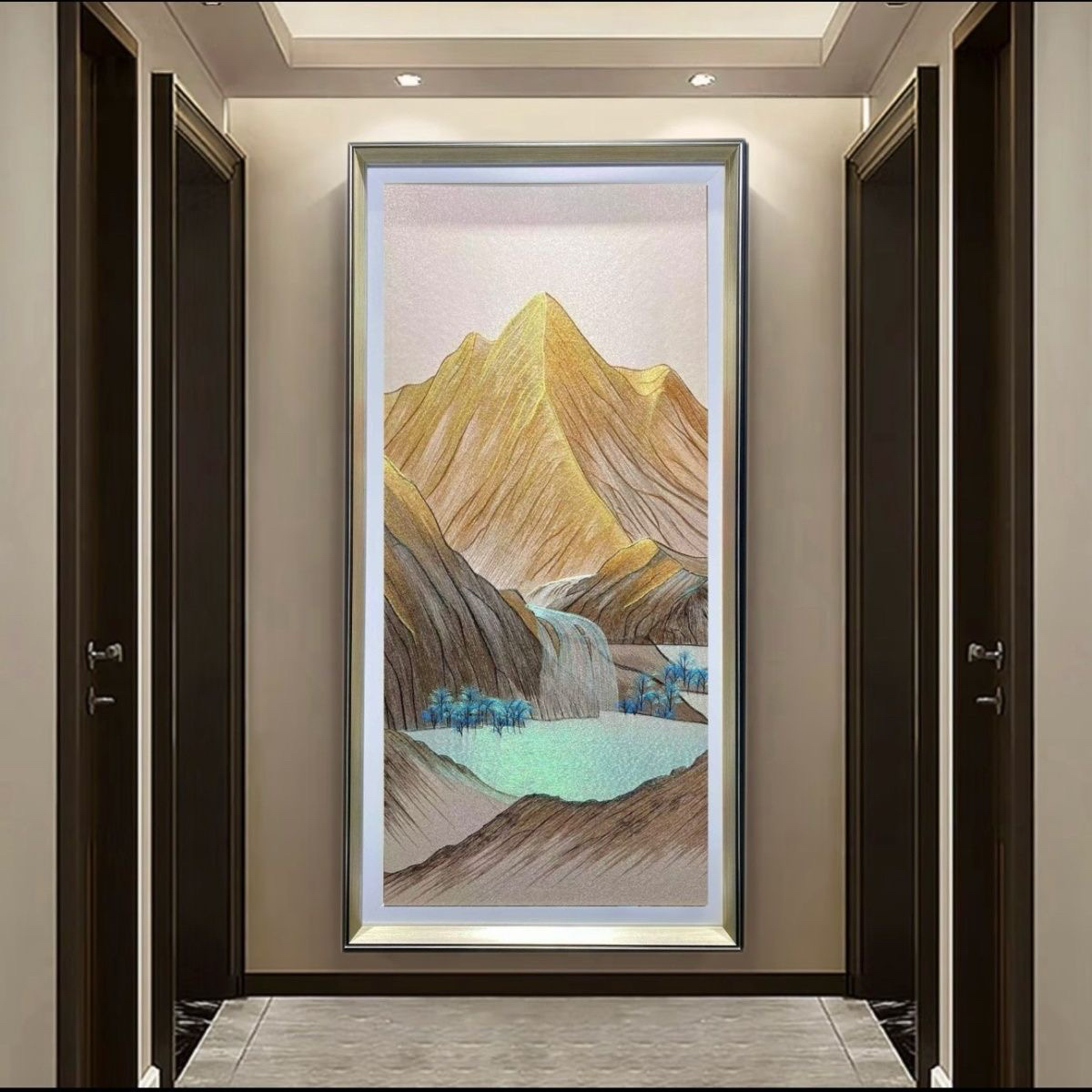 日照金山入户聚宝盆简约玄关装饰画刺绣客厅壁画走廊靠山过道挂画