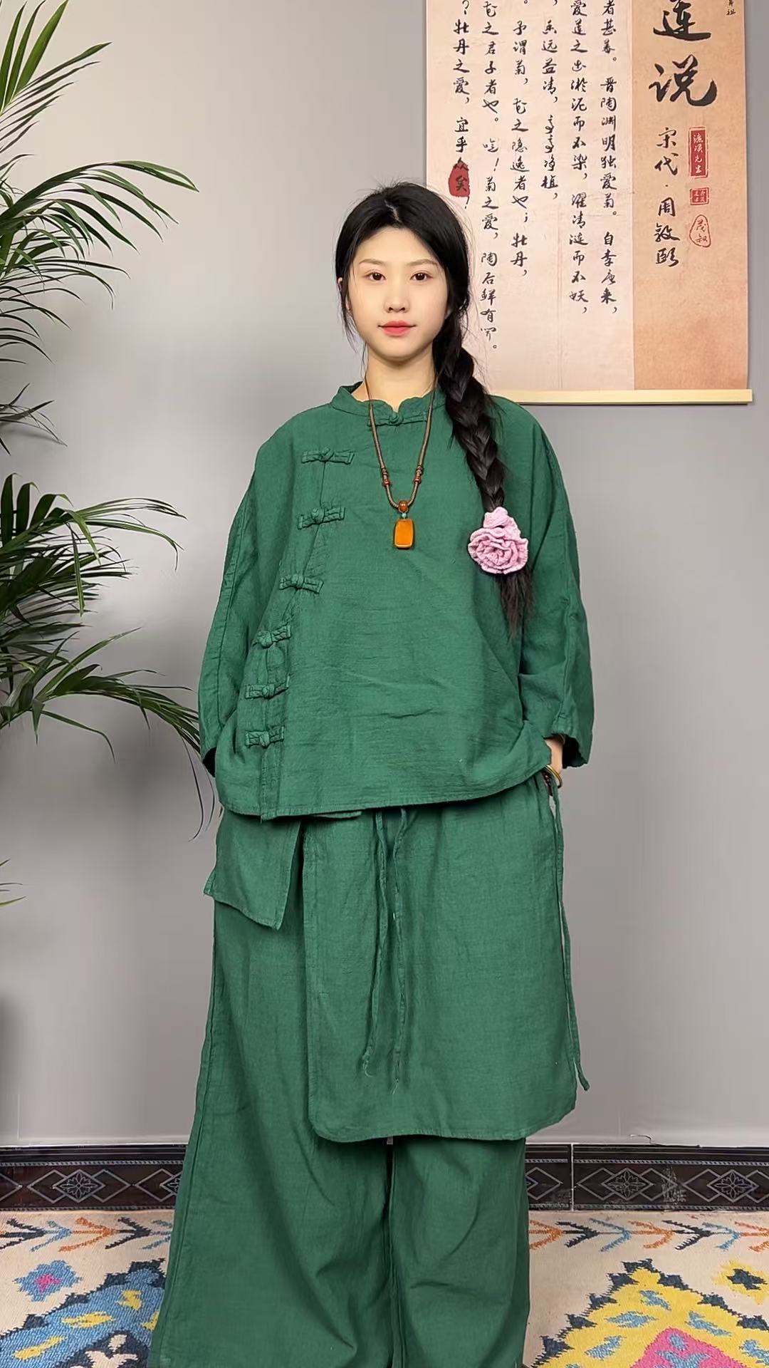 【棉娃娃原创】棉麻提花复古斜襟盘扣 渔夫裤【套装】